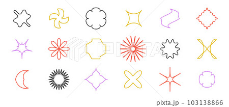 Abstract outline stars, flowers, waves, crosses shapes set. Primitive line geometric forms collection in Swiss, bauhaus or Memphis style. Elements bundle for poster, banner, collage. Vector sign pack Abstract outline stars, flowers, waves, crosses shapes set. Primitive line geometric forms collection in Swiss, bauhaus or Memphis style. Elements bundle for poster, banner, collage. Vector sign pack 103138866