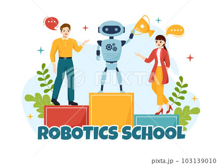 Robotics School Vector Illustration with Youth Robotic Project to Programming and Engineering Robot in Cartoon Hand Drawn Landing Page Templates 103139010