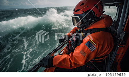 Lifeguard officer preparing to land from helicopter in rough seas to rescue those in distress 103139636
