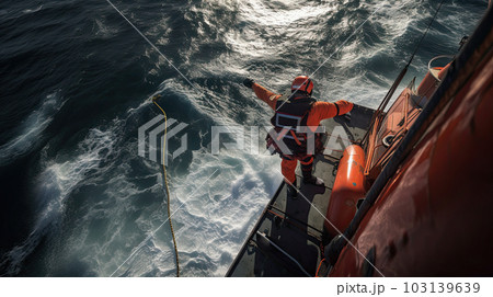 Lifeguard officer preparing to land from helicopter in rough seas to rescue those in distress 103139639
