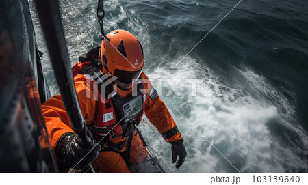 Rescue team descending from a helicopter at a ship in distress. Rescue team descending from a helicopter at a ship in distress. 103139640