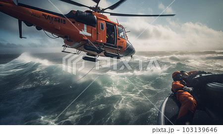 Red rescue helicopter lifts people out of a stormy sea. 103139646