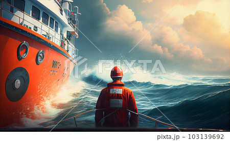 lifeguard approaching ship at blue sea. lifeguard approaching ship at blue sea. 103139692