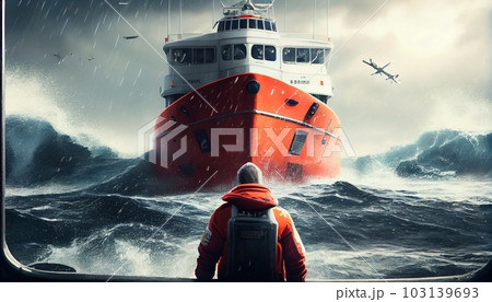 lifeguard approaching ship at blue sea. lifeguard approaching ship at blue sea. 103139693