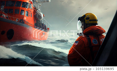lifeguard approaching ship at blue sea. lifeguard approaching ship at blue sea. 103139695