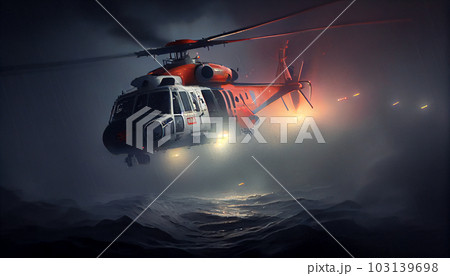 lifeguard descend from helicopter on ship at blue sea 103139698