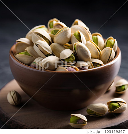 Bowl with pistachios on a wooden table. Bowl with pistachios on a wooden table. 103139867