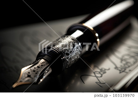 Silver fountain pen leaves drawing a straight ink line on a white paper closeup. 103139970