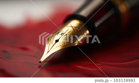 Golden fountain pen leaves drawing a straight ink line on a white paper closeup. Golden fountain pen leaves drawing a straight ink line on a white paper closeup. 103139991