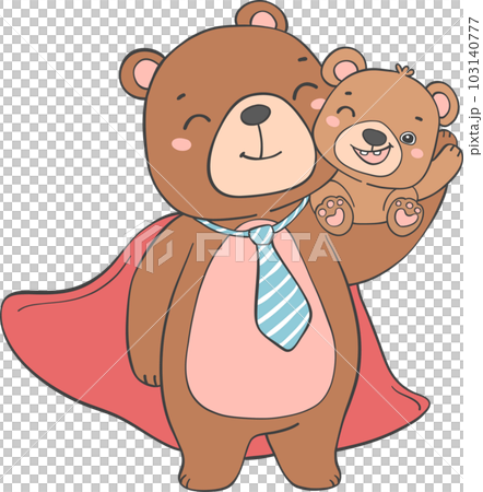 Cute super Hero Daddy bear and happy baby bear father's day cartoon animal character outline doodle drawing 103140777