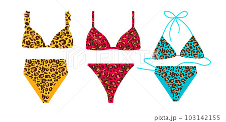 Women colorful leopard swimsuit design set. Fashion bikini collection. Female stylish swimwear. Women colorful leopard swimsuit design set. Fashion bikini collection. Female stylish swimwear. 103142155