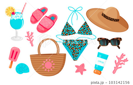 Set of fashion accessories from the sun. Summer set. Blue leopard swimsuit, hat, sunscreen, slippers, sunglasses, coctails, icecream and bag. 103142156