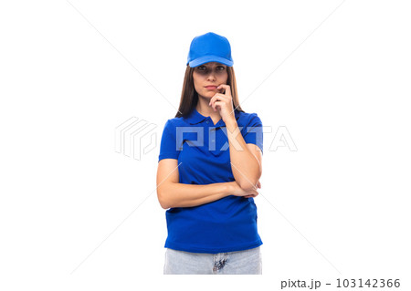 pretty young promoter woman in blue cotton t-shirt and cap 103142366