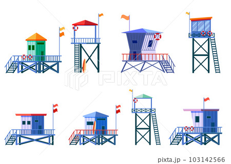 Set of Lifeguard Tower icons. Station beach building Set of Lifeguard Tower icons. Station beach building 103142566