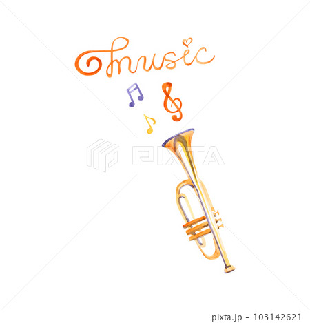 Watercolor trumpet on white background. Beautiful classic instrument. Watercolor trumpet on white background. Beautiful classic instrument. 103142621