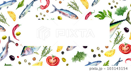 Frame of fresh fish and spices watercolor illustration isolated on white. Wild fish, tuna, salmon, herring, anchovy, tomatoes hand drawn. Design element for cookbook, signboard, menu, market, package Frame of fresh fish and spices watercolor illustration isolated on white. Wild fish, tuna, salmon, herring, anchovy, tomatoes hand drawn. Design element for cookbook, signboard, menu, market, package 103143154