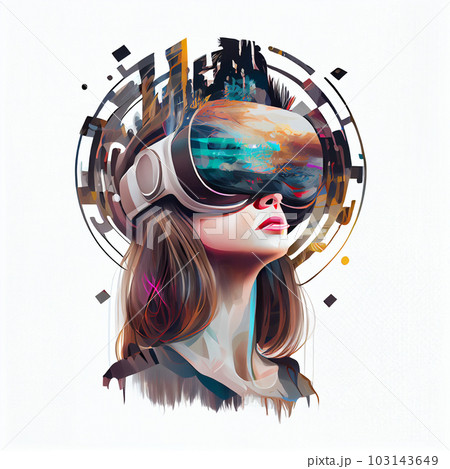 Metaverse Digital Virtual Reality Technology of a woman with glasses and a headset VR connected to the virtual space 103143649