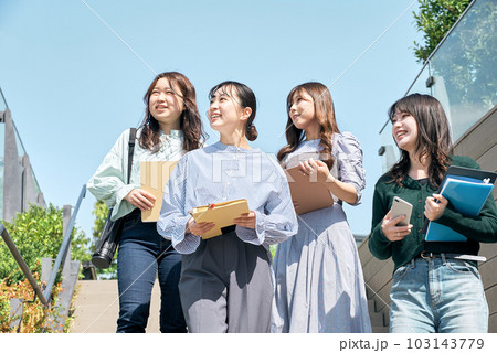 空を見上げる若い女性達 103143779