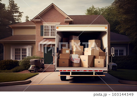 A moving truck is parked on the side of a building A moving truck is parked on the side of a building 103144349