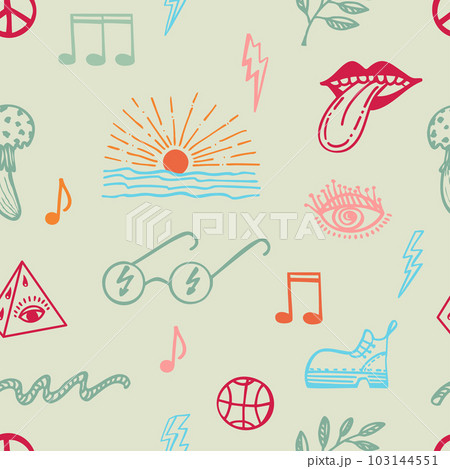 Seamless pattern with groove psychedelic elements. Retro design of hipster icons. Doodle style graphic. Vintage trippy cartoon. Color symbols of 60s 70s 80s 90s trendy vector illustration 103144551