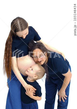 Beautiful pregnant woman with her family on white background 103146434