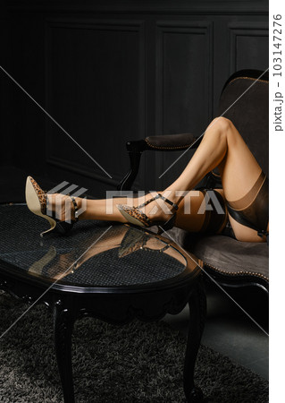 Female legs in stockings with suspender belt 103147276