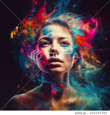 Beautiful fantasy abstract portrait of young woman, girl with colorful powder over her head. AI generated 103147705