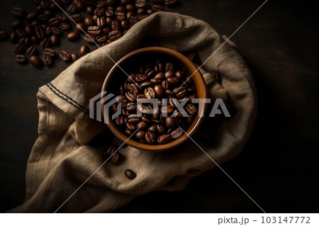Top view of cup of coffee with coffee beans on desk with coffee beans and sack. AI generated Top view of cup of coffee with coffee beans on desk with coffee beans and sack. AI generated 103147772