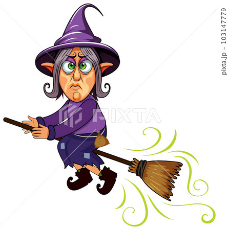 A grumpy witch cartoon character riding broom A grumpy witch cartoon character riding broom 103147779