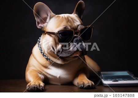 Cute french bulldog with surprised eyes in sunglasses with smile. AI generated. Cute french bulldog with surprised eyes in sunglasses with smile. AI generated. 103147808