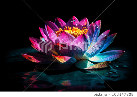 Realistic lotus flower with magic light and water drops, leaves on pond. Generative AI. Realistic lotus flower with magic light and water drops, leaves on pond. Generative AI. 103147809
