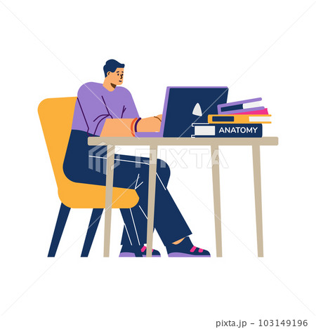Young student boy sitting with laptop and pile of anatomy books flat style 103149196