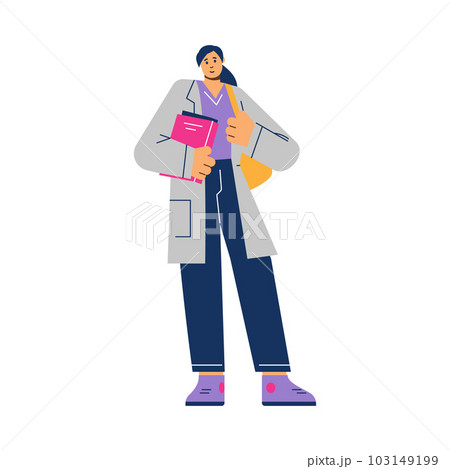 Medical student in medical gown and with textbook bag, flat vector isolated. 103149199