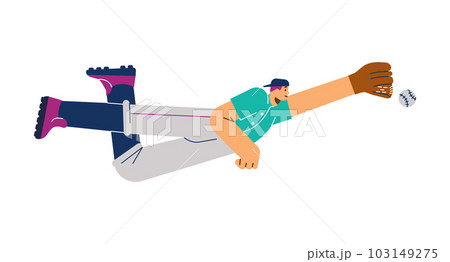 Baseball catcher with glove catching ball, flat vector illustration isolated on white background. 103149275