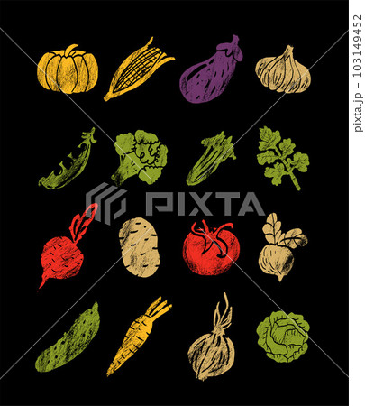 Vegetables, greenery and legumes abstract illustration. Flat vector. Vegetable icons, drawn style.	 103149452