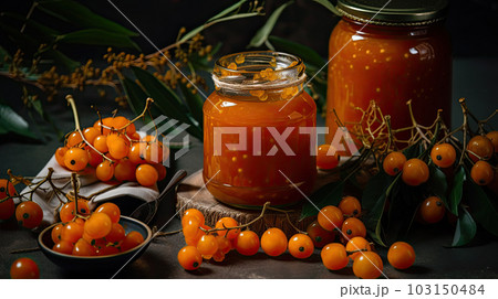 sea-buckthorn jam in the glass jar. 103150484