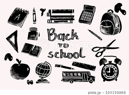 Notebook, stack of books, calculator, triangular ruler, diary, apple, bus, marker, globe, backpack, alarm clock, pencils, scissors, ruler, pens, ink. Hand drawn set of School doodles in Color vector	 103150868