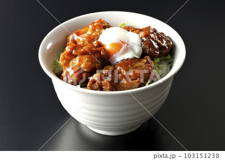 温玉のせ唐揚げ丼を黒背景で撮影 温玉のせ唐揚げ丼を黒背景で撮影 103151238