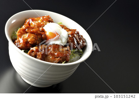 温玉のせ唐揚げ丼を黒背景で撮影 温玉のせ唐揚げ丼を黒背景で撮影 103151242