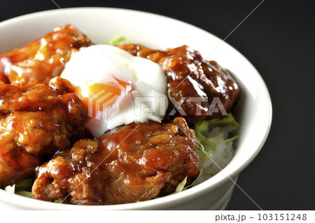 温玉のせ唐揚げ丼を黒背景で撮影 温玉のせ唐揚げ丼を黒背景で撮影 103151248