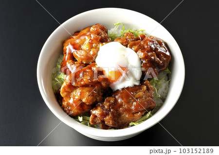 温玉のせ唐揚げ丼を黒背景で俯瞰撮影 温玉のせ唐揚げ丼を黒背景で俯瞰撮影 103152189