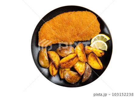 Roast pork schnitzel with fried potato, cooked meat steak. Isolated on white background. Roast pork schnitzel with fried potato, cooked meat steak. Isolated on white background. 103152238