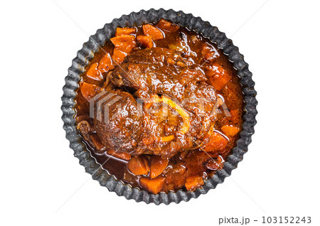 Braised meat on the bone Osso Buco in tomato sauce, veal italian meat Ossobuco. Isolated on white background. Braised meat on the bone Osso Buco in tomato sauce, veal italian meat Ossobuco. Isolated on white background. 103152243
