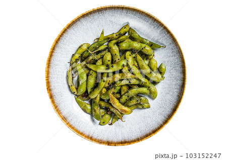Spicy grilled Edamame Soy Beans with sea salt in a plate. Isolated on white background. Spicy grilled Edamame Soy Beans with sea salt in a plate. Isolated on white background. 103152247