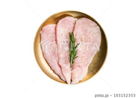 Uncooked Raw chicken chop breast fillets on a plate, poultry meat. Isolated on white background. Uncooked Raw chicken chop breast fillets on a plate, poultry meat. Isolated on white background. 103152353
