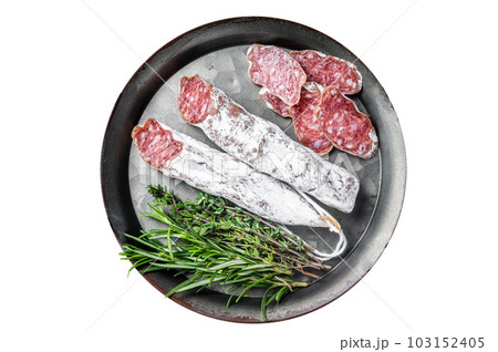 Fuet Salami slices in a steel tray. Traditional Spanish sausage. Isolated on white background. Fuet Salami slices in a steel tray. Traditional Spanish sausage. Isolated on white background. 103152405