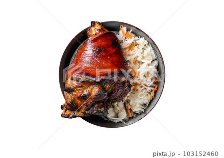 Traditional German cuisine Roasted pork knuckle Schweinshaxe with Sauerkraut. Isolated on white background. Traditional German cuisine Roasted pork knuckle Schweinshaxe with Sauerkraut. Isolated on white background. 103152460