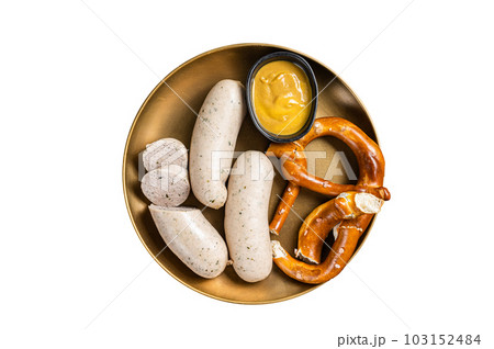 Munich white sausage with pretzel and mustard. Isolated on white background. 103152484