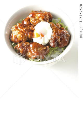 温玉のせ唐揚げ丼を白背景で俯瞰撮影 温玉のせ唐揚げ丼を白背景で俯瞰撮影 103152570