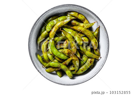 Steamed Edamame Bean, Green Soybean in a pan, East Asian Cuisine. Isolated on white background. 103152855